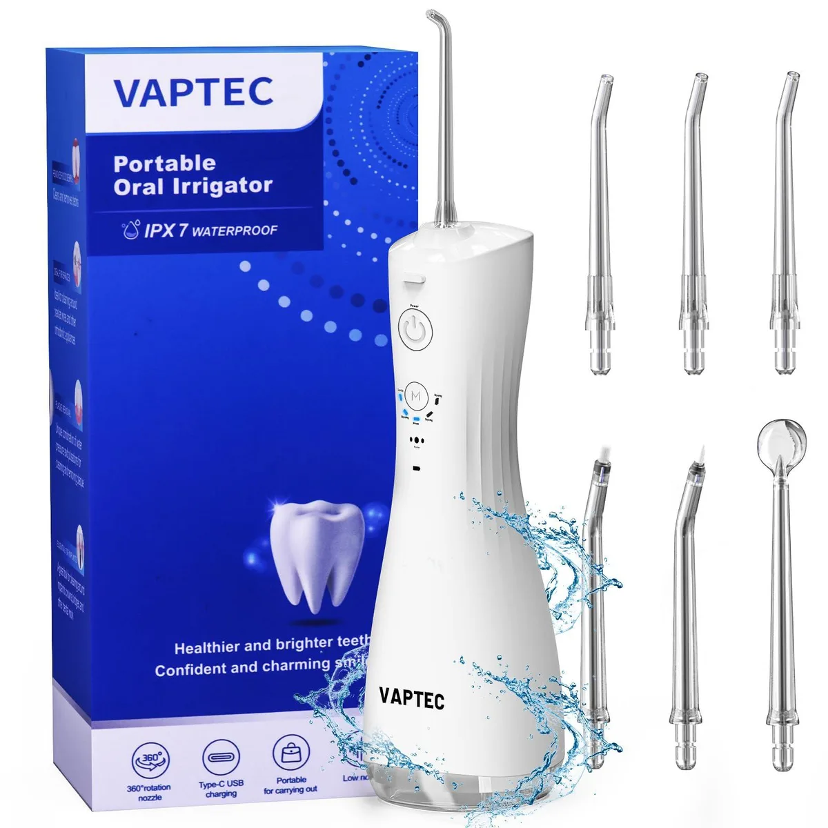 White cordless water flosser with 240ml tank and rotating jet tips