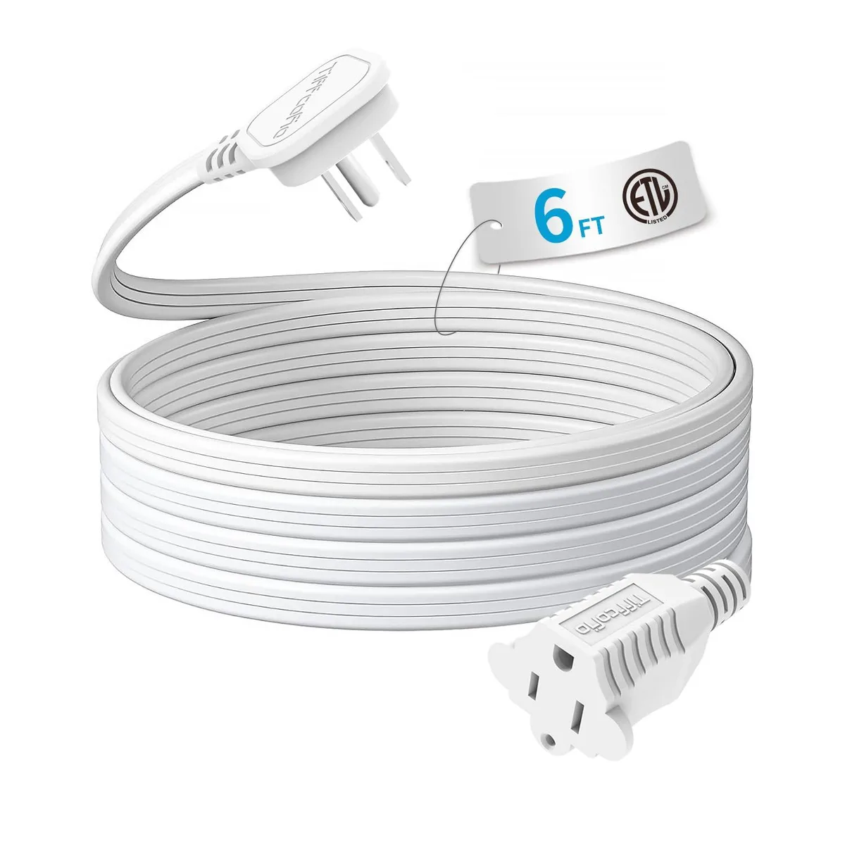 Tiffcofio 6 ft Indoor Extension Cord, 45° Flat Plug, White, 16AWG 13A/1625W — product photo