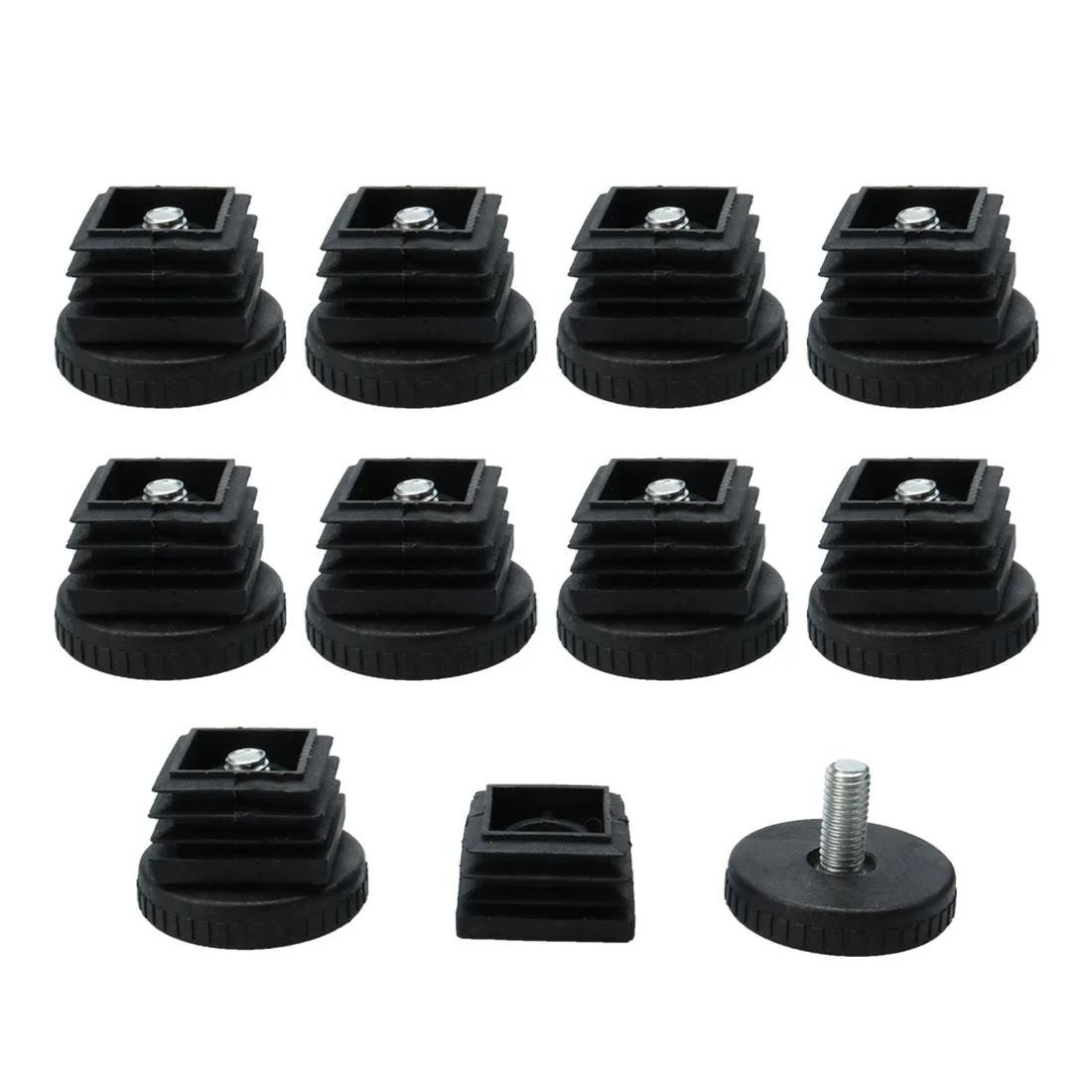 Ten black plastic square tube inserts with adjustable threaded feet