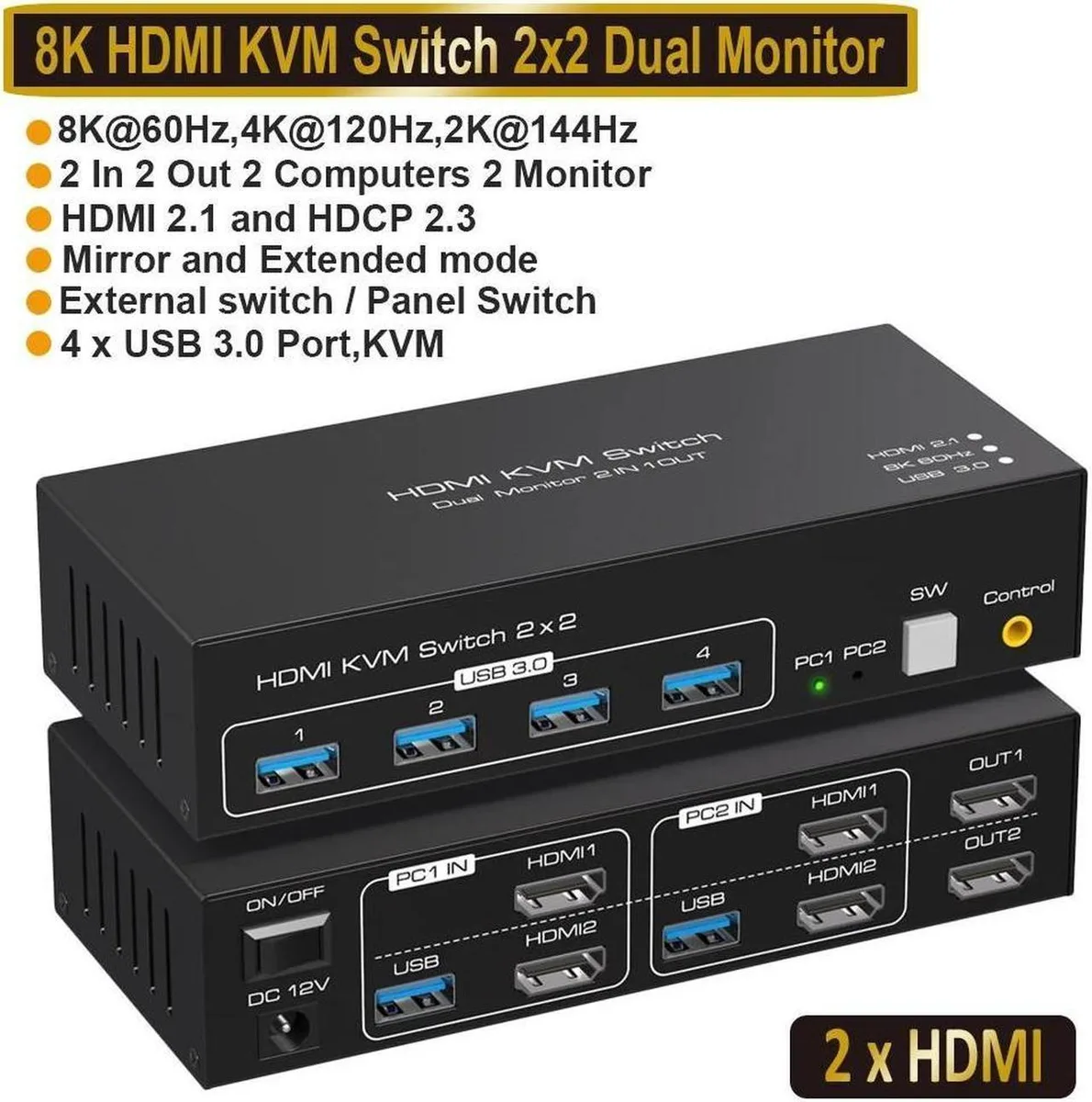 Vszerda Vszerda Dual Monitor HDMI KVM Switch 2 in 2 Out 4K@120Hz 8K@60Hz 4x USB 3.0 — product photo