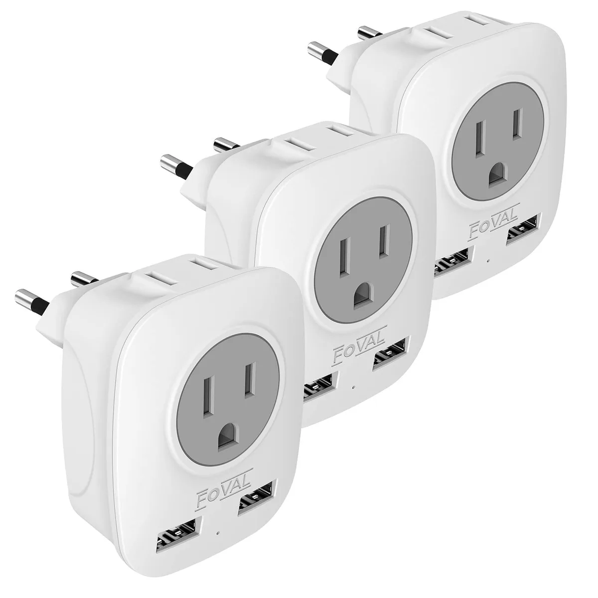Three compact white Type C travel adapters with two US sockets and two USB ports each