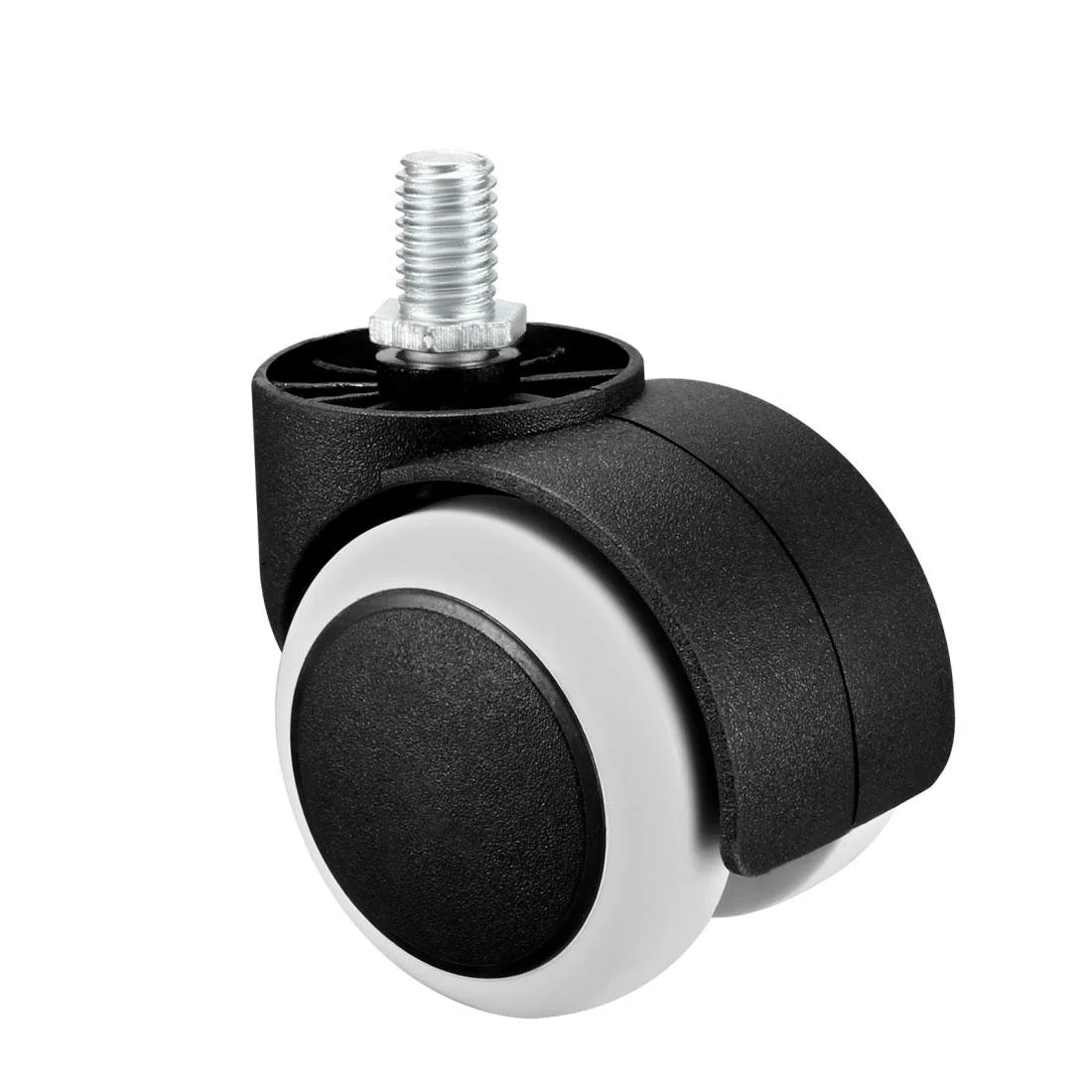 Four white twin-wheel casters with threaded stems, 2 inch polyurethane tyres