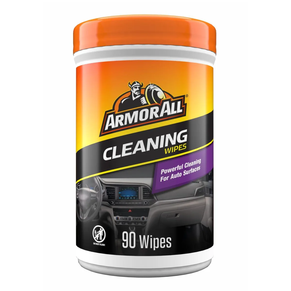 Blue cylindrical canister with yellow lid containing 90 Armor All cleaning wipes