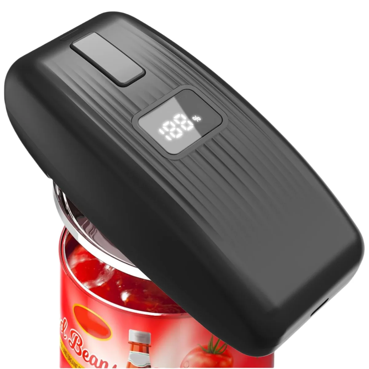 Compact white automatic can opener with LED display and USB charging port
