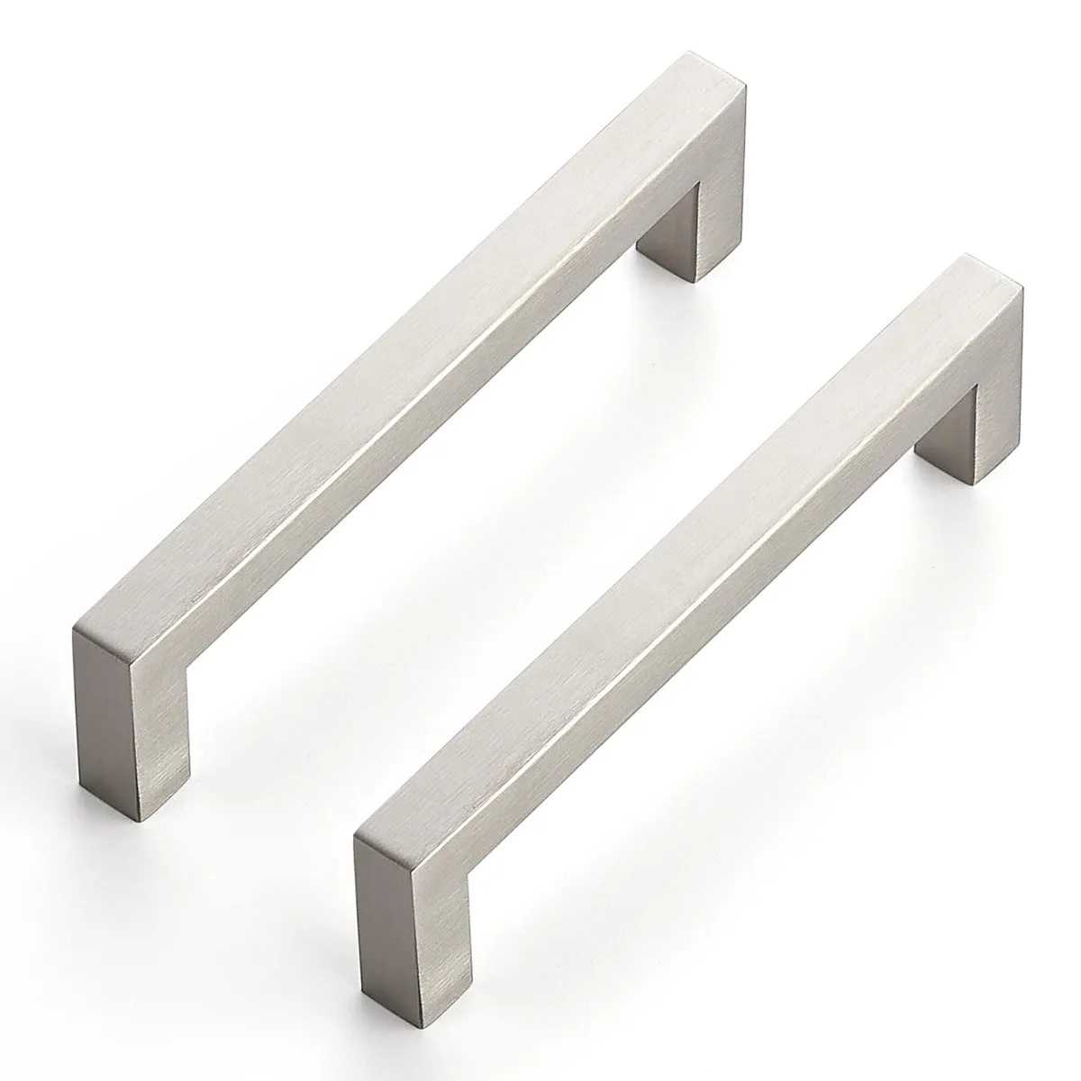 Ten brushed nickel square bar cabinet pulls on a plain background