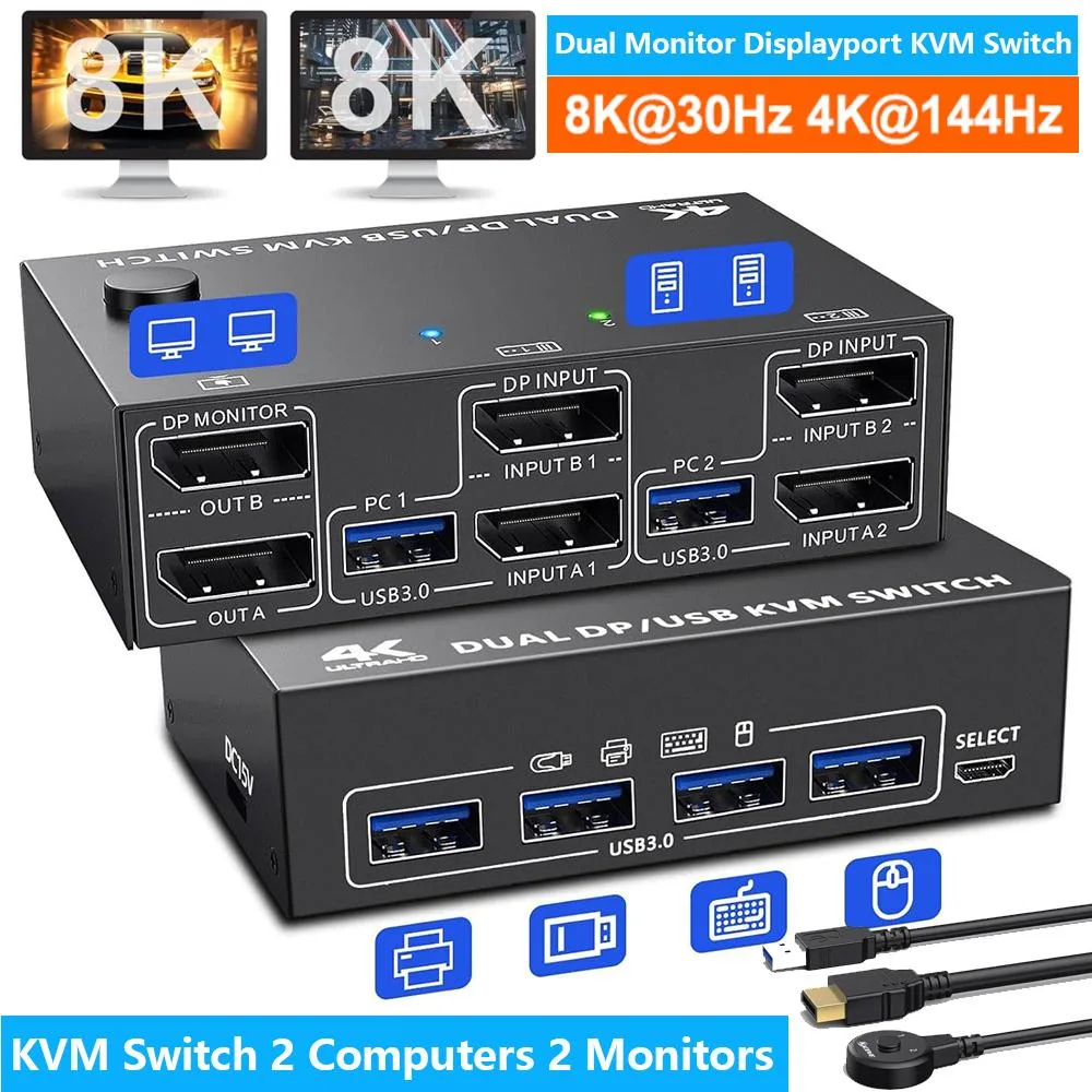 Hitoor Hitoor KVM Switch 2 PC 2 Monitors USB 3.0 DP 8K@30Hz 4K@144Hz 4 USB 3.0 Ports Wired Remote 4 Cables — product photo