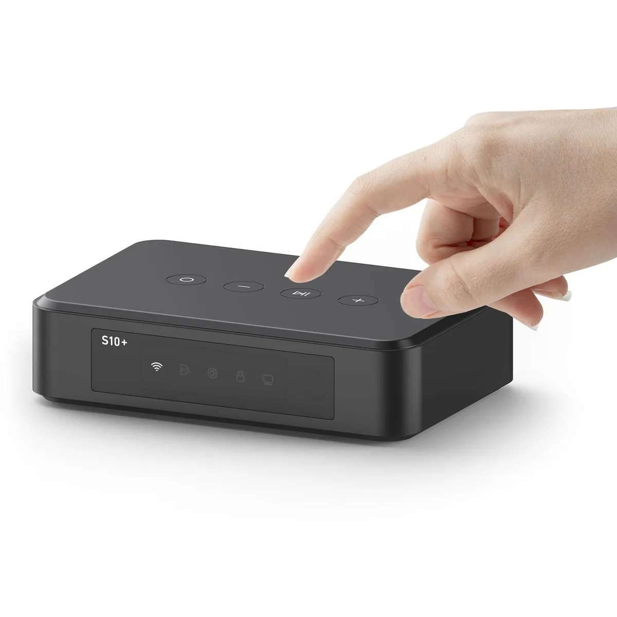 Compact black streaming box with Type-C power and 3.5mm line input