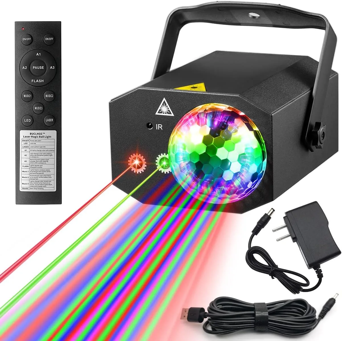  TC-7007-1 DJ Lighting 3-in-1 RGB Disco Ball Pattern Projector USB Sound Activated 10ft Cable 360 Mount — product photo