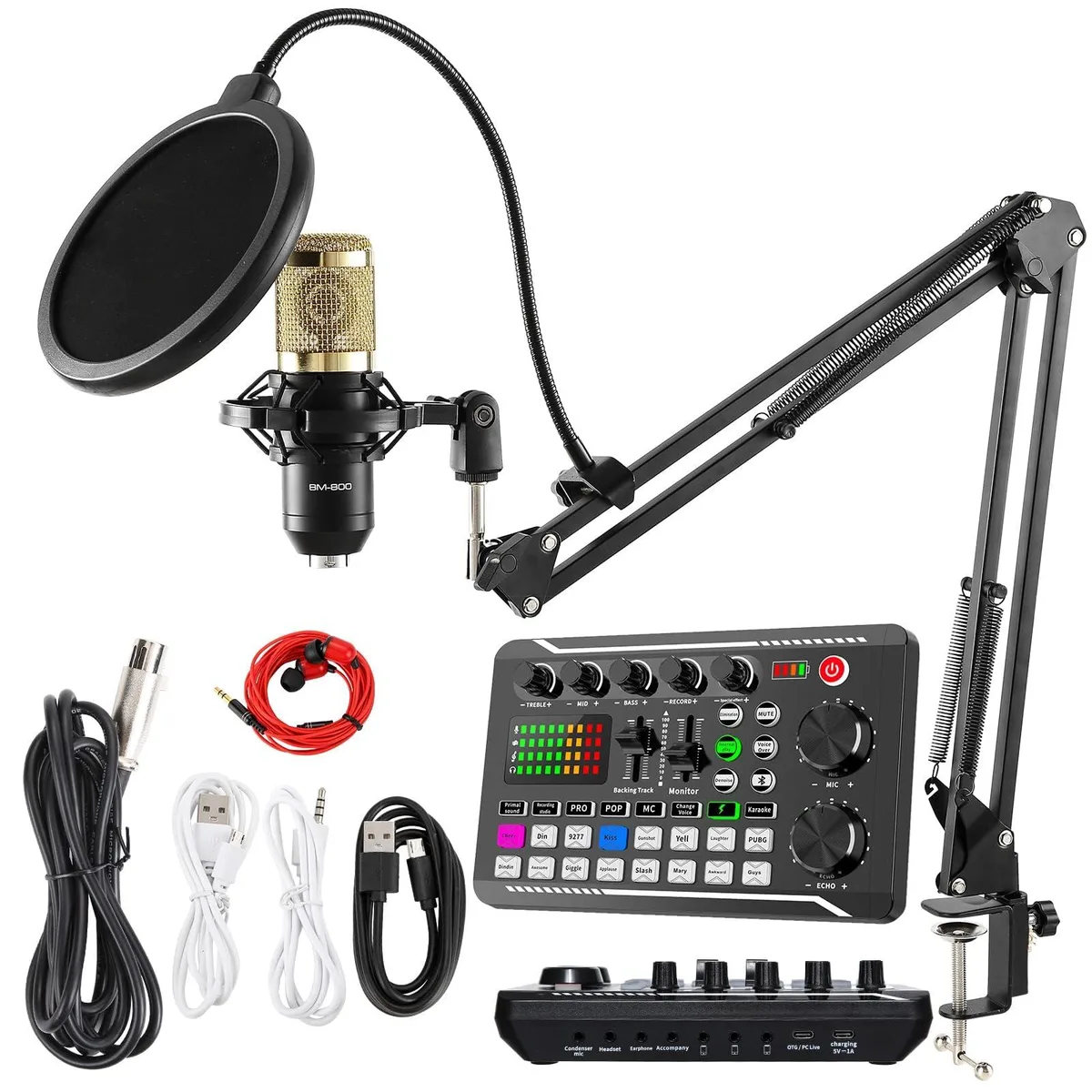 Black SINWE F998 audio mixer with BM-800 condenser microphone, desktop stand, earbuds and cables