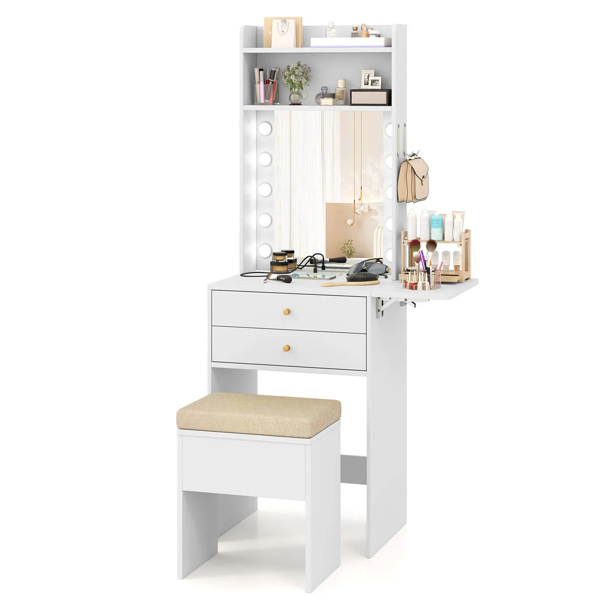 White vanity desk with lighted mirror, fold-down countertop, drawers and matching stool