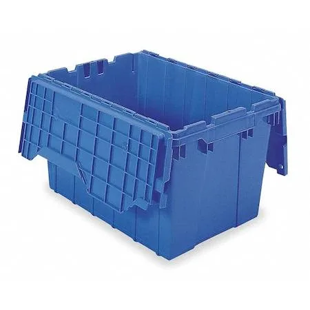 Blue plastic storage tote with attached lid, rectangular shape, smooth finish