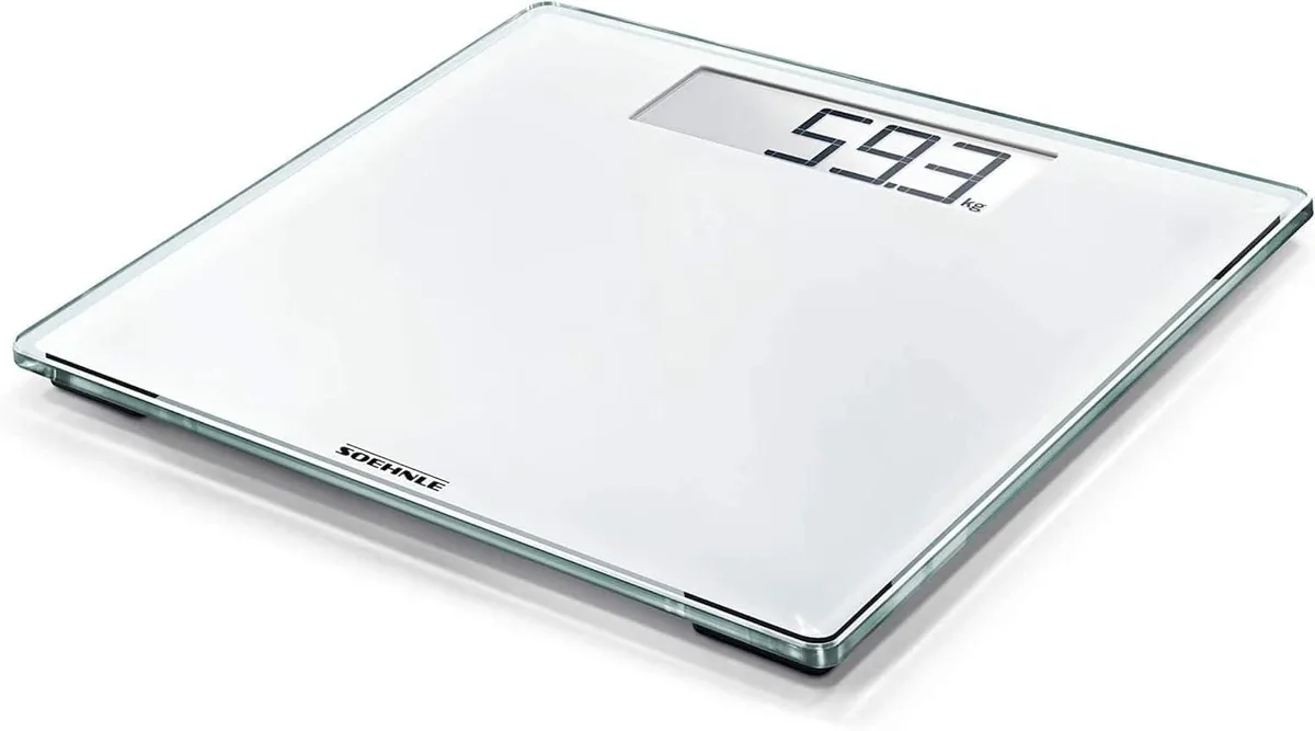 White rectangular digital bathroom scale with safety glass platform and LCD display