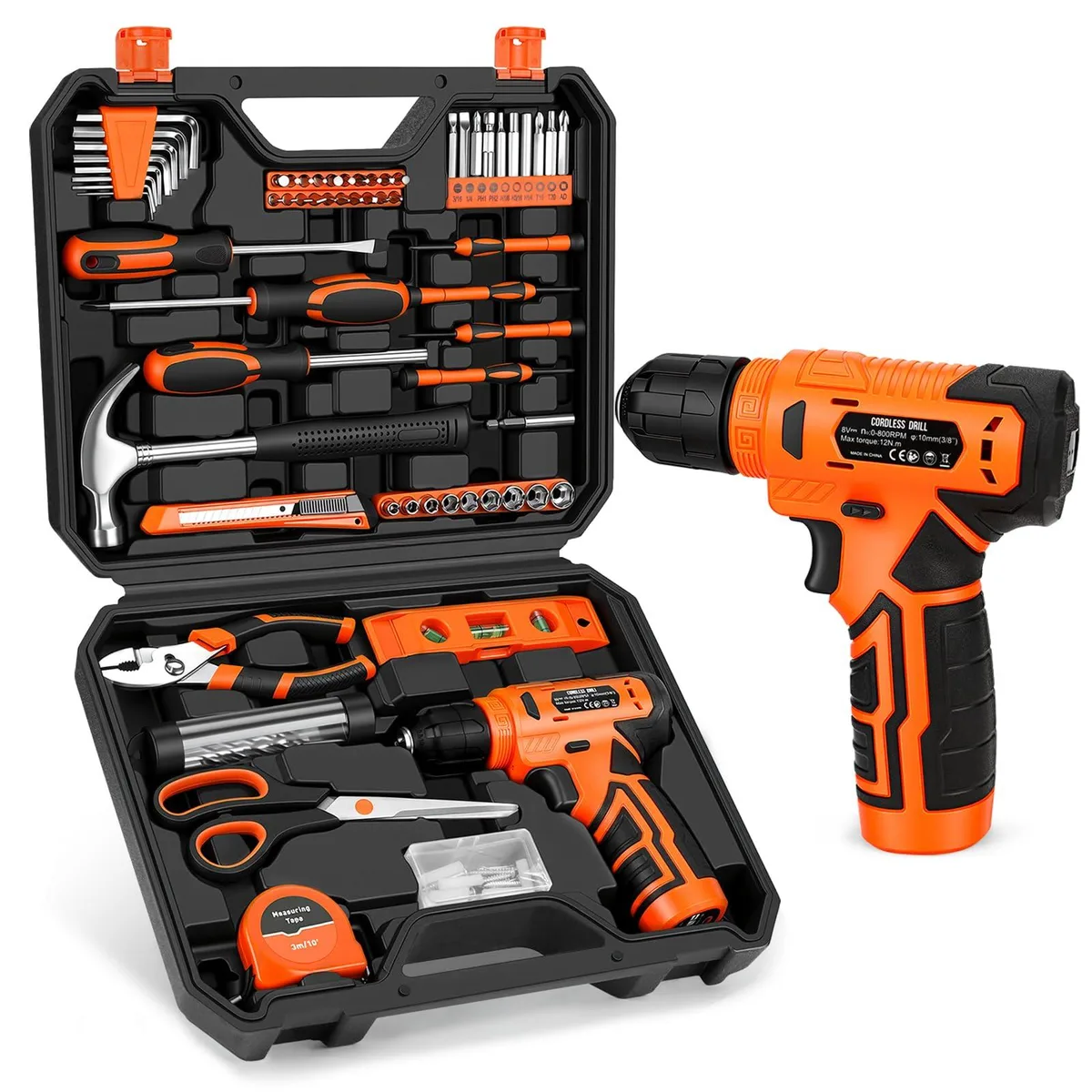 Black DeWalt tool case with cordless drill and bit set inside