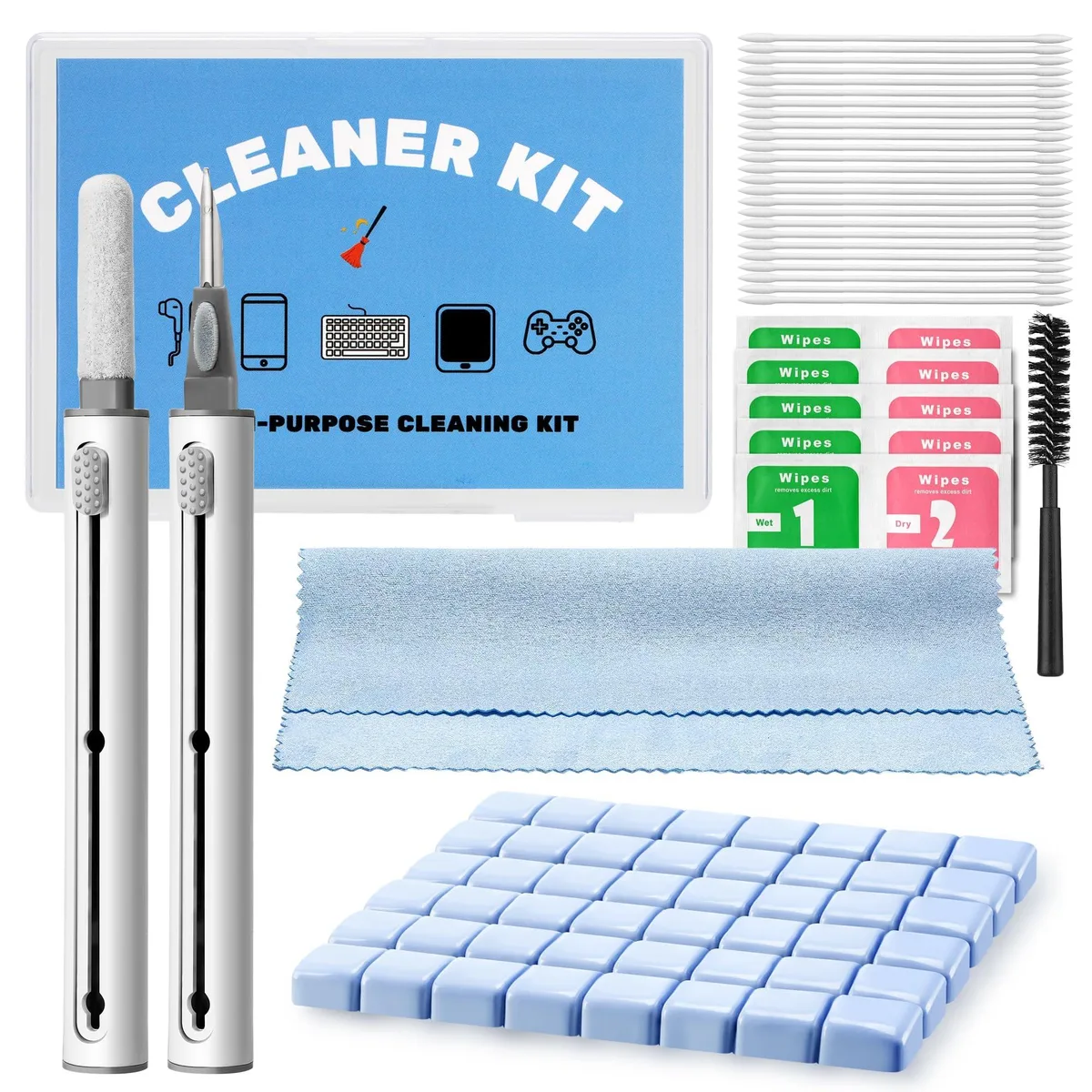 Compact 81-piece cleaning kit in storage box with pen, putty squares, swabs, cloth and wipes