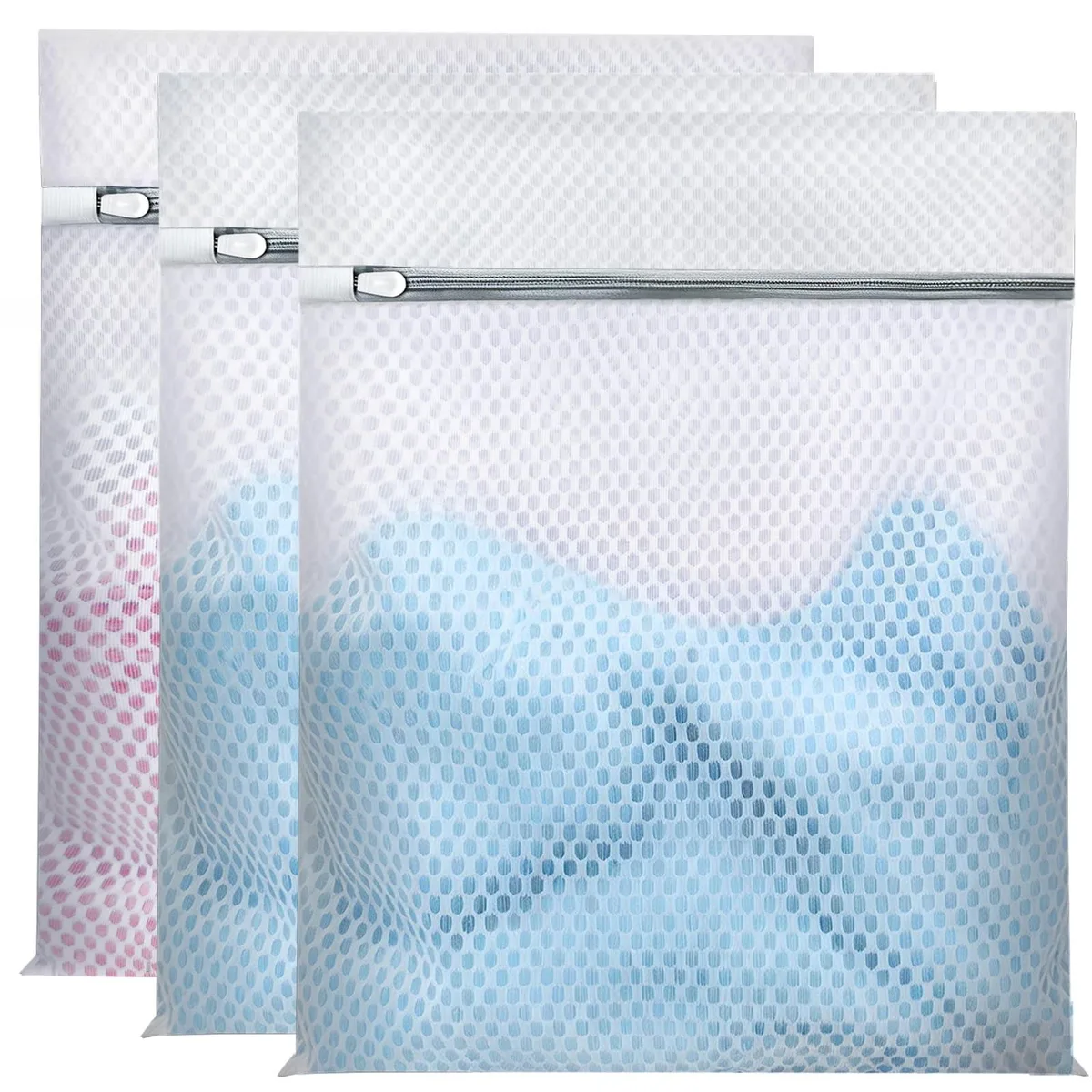 Three mesh laundry bags, 16 by 20 inches, zip closure