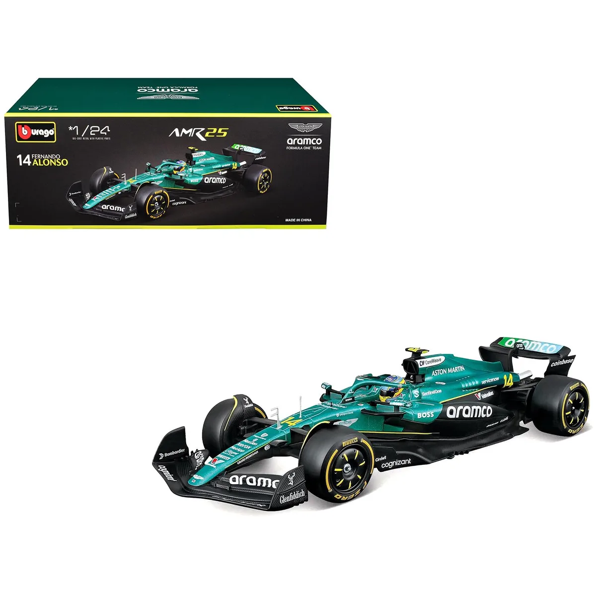 BBURAGO BBURAGO Aston Martin AMR25 #14 Fernando Alonso Aramco F1 2025 1/24 Diecast — product photo