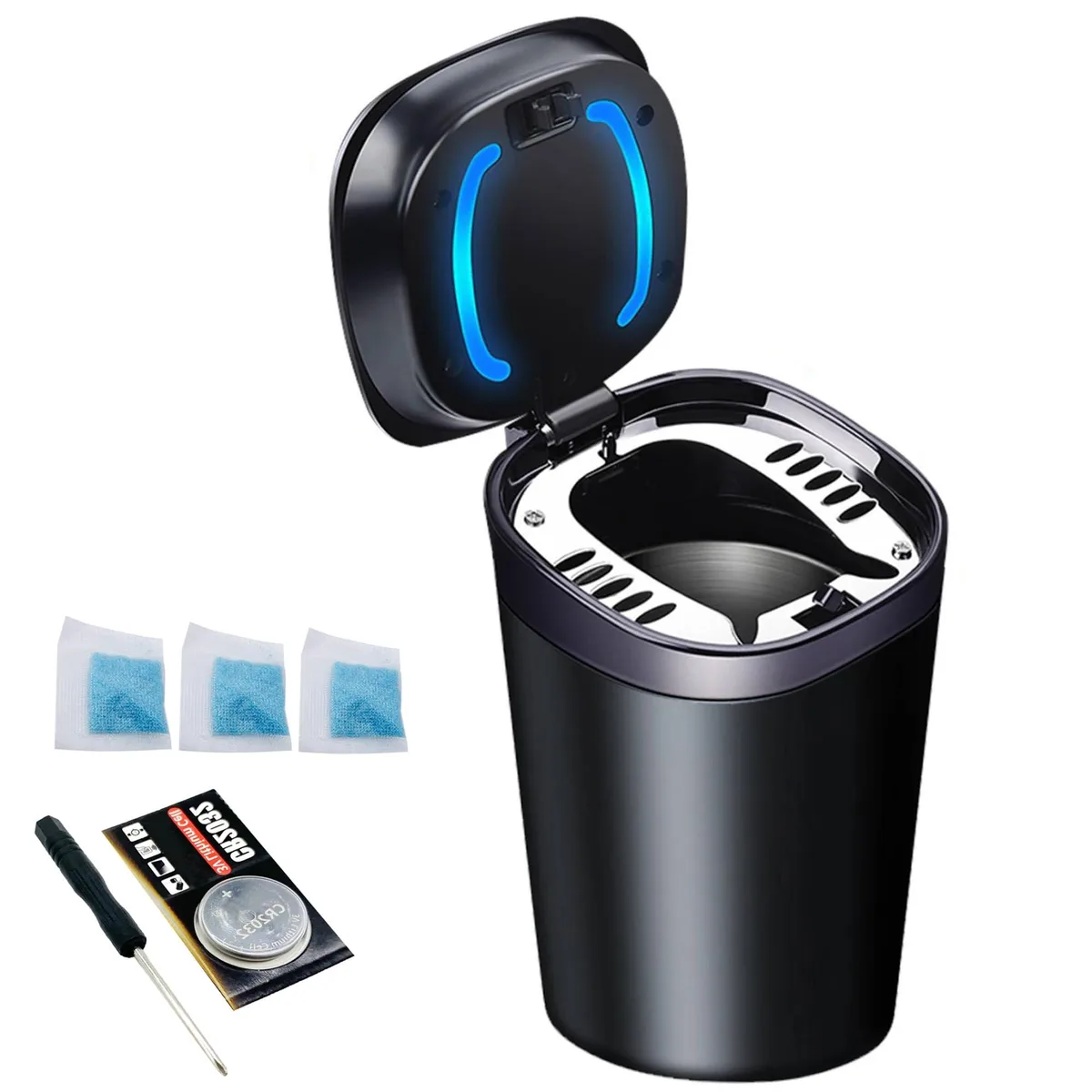 Stainless steel car ashtray with blue LED lid light, compact cup-holder size