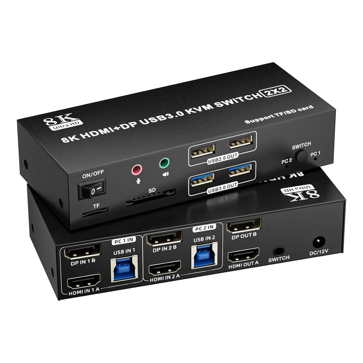 Hitoor Hitoor 2-PC 2-Monitor KVM Switch 8K 60Hz HDMI DP USB 3.0 SD TF Card Reader Wired Remote — product photo