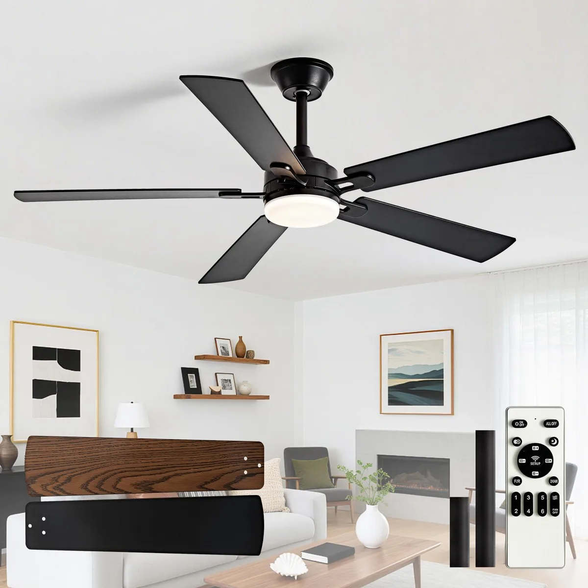 Black 52-inch ceiling fan with five reversible walnut blades, dimmable LED light kit and remote control