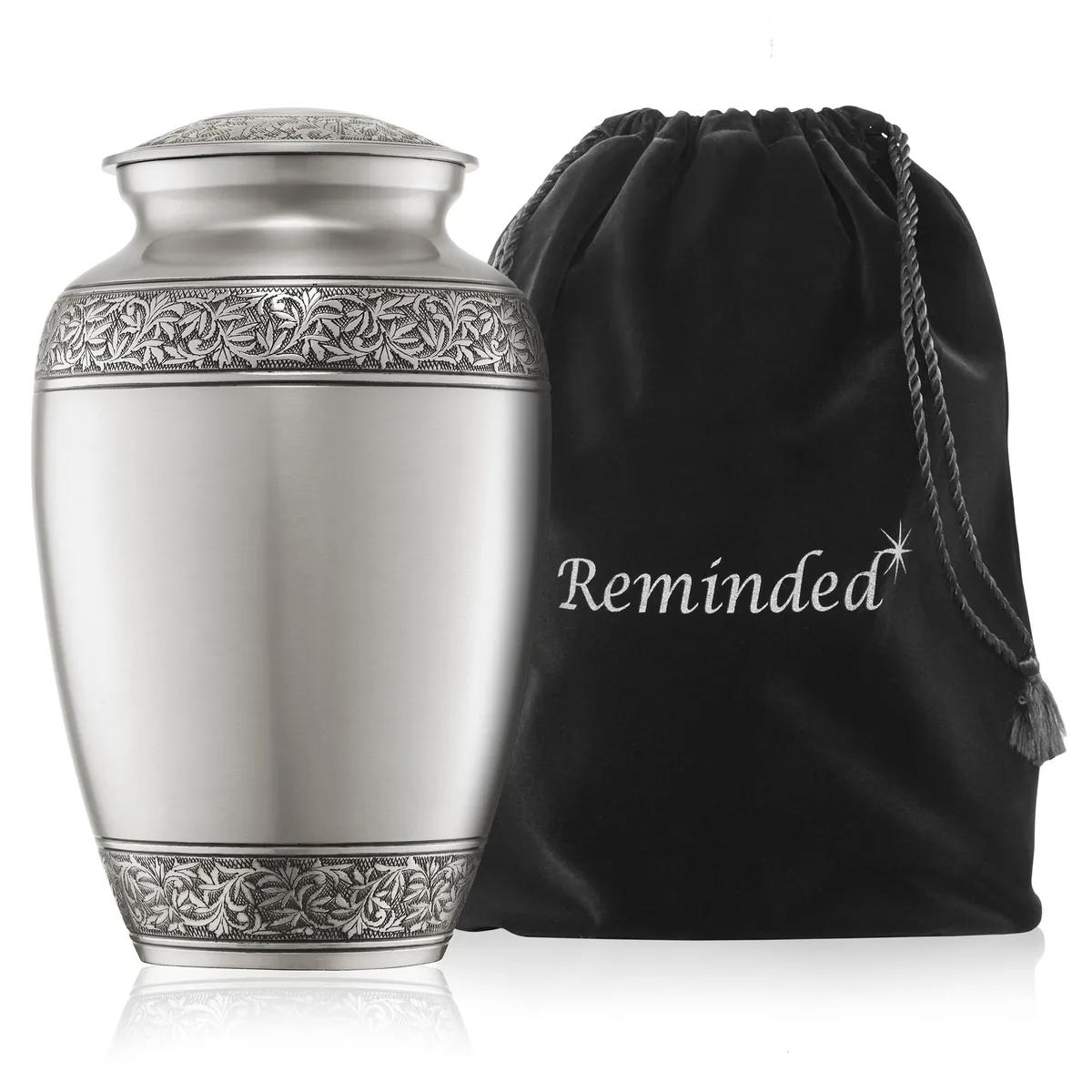 Reminded Reminded Silver Brass Cremation Urn Adult 210 cu in with Velvet Bag — product photo