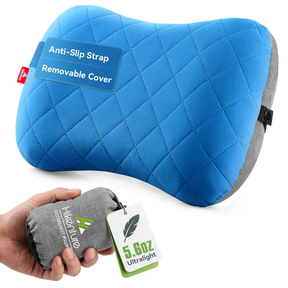Inflatable camping pillow with removable fabric cover, rectangular shape 15.7 by 10.6 inches