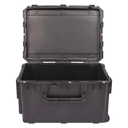 Black rectangular plastic case with folding telescoping handle and four wheels