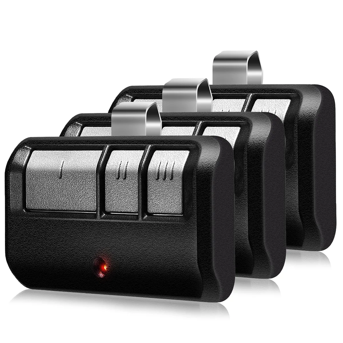 Three small black rectangular garage door opener remotes with three buttons each
