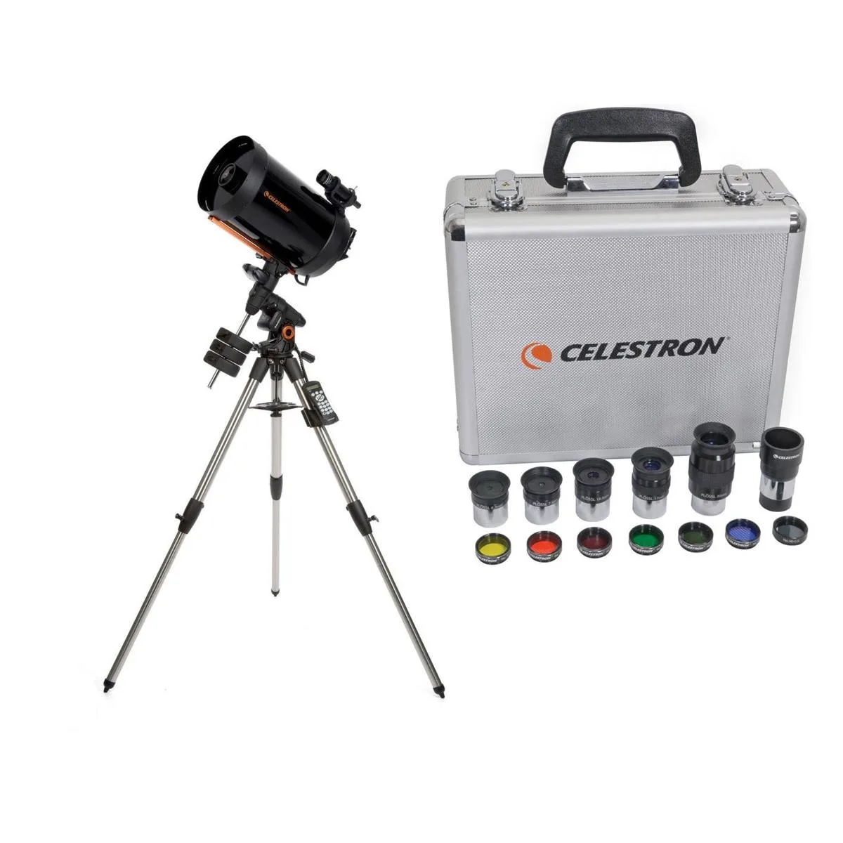 Large silver telescope tube on sturdy equatorial mount with tripod and hand controller