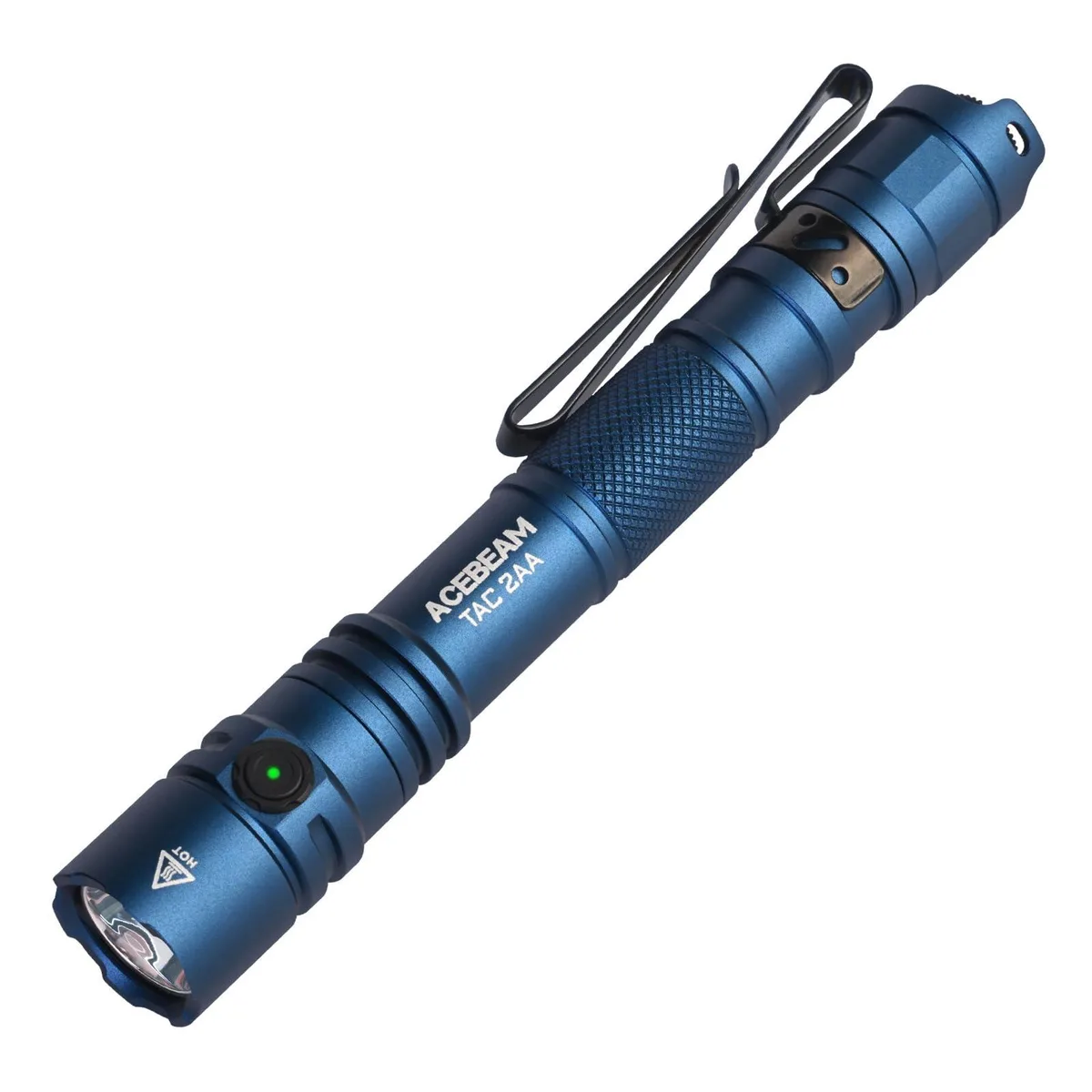Blue cylindrical aluminium flashlight, dual tail and side switches, pocket clip, 14.99 cm long