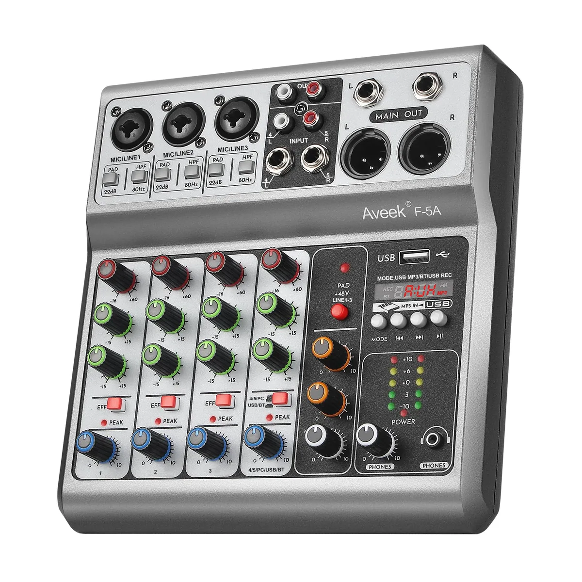  Aveek AK-70 5-Channel DJ Mixer Bluetooth USB 48V Phantom Power — product photo