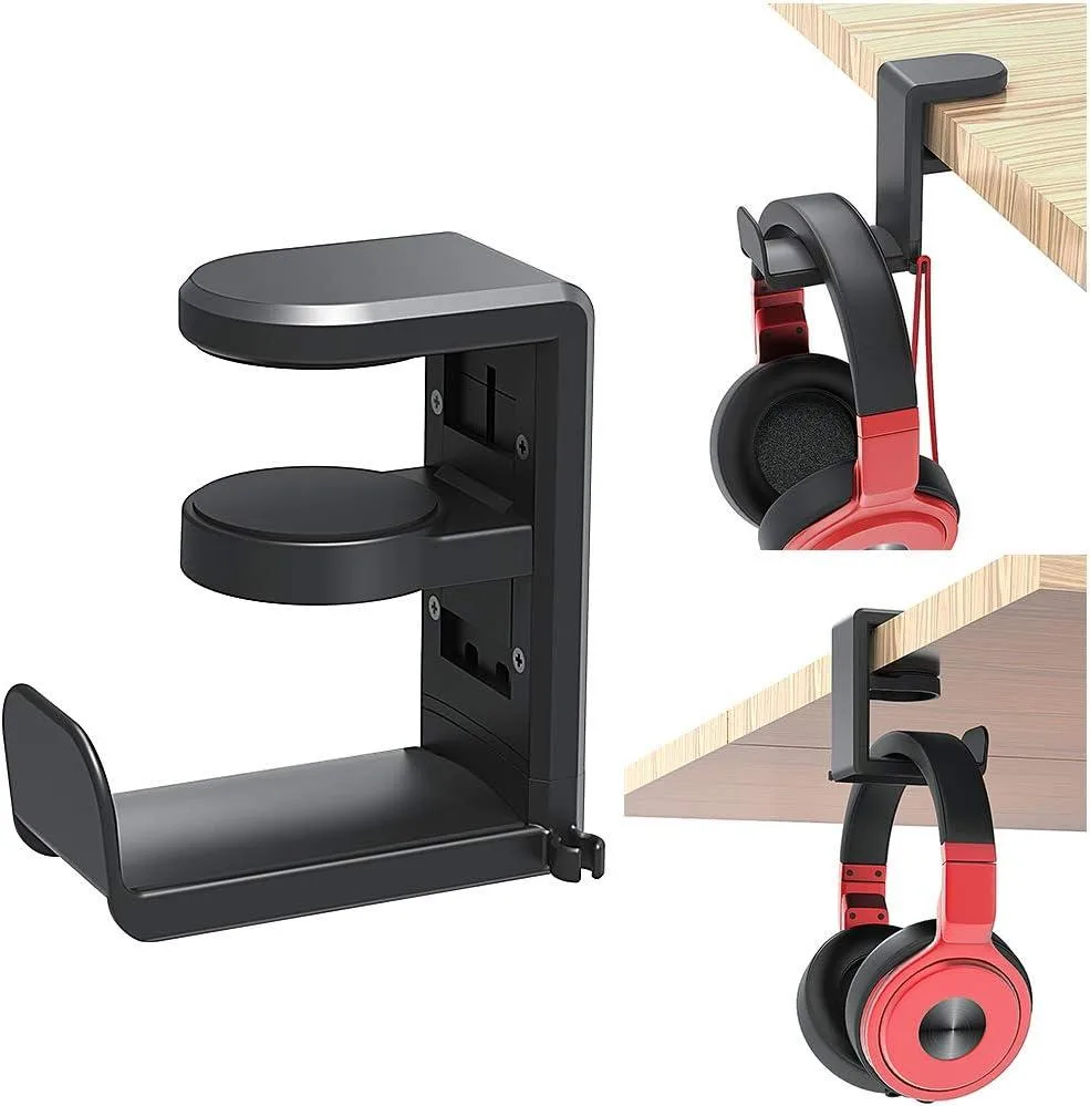 EVESKY EVESKY Headphone Hook Holder Hanger Mount Stand with Adjustable Rotating Arm Clamp Under Desk 40mm Cable Clip — product photo
