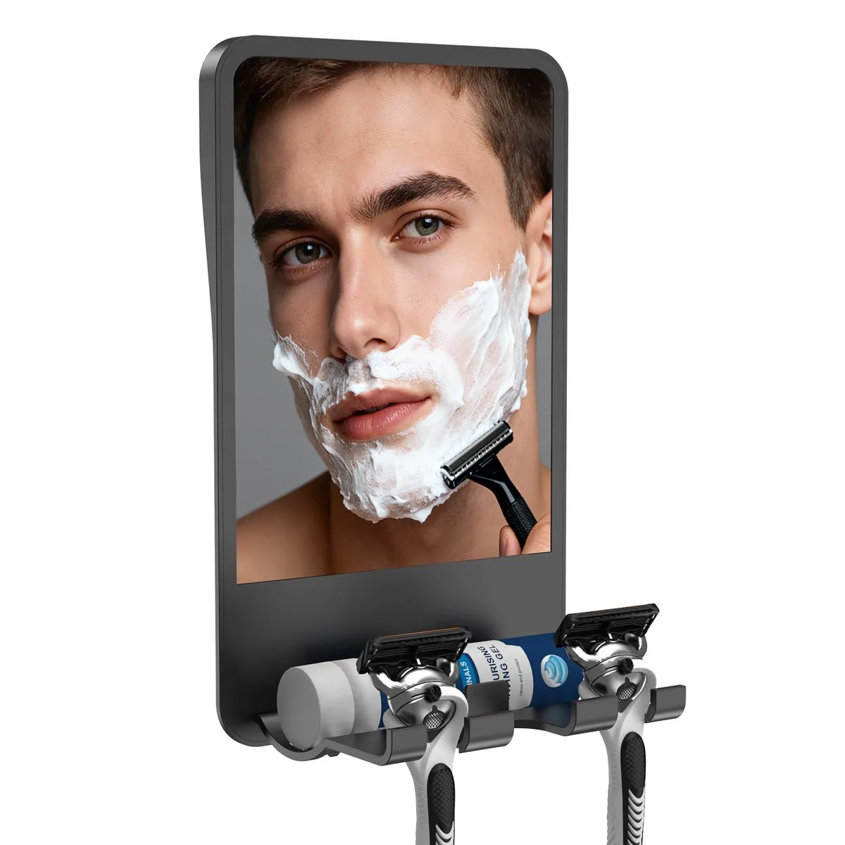 Black rectangular shower mirror with razor and canister storage brackets, swivel arm, adhesive or screw mount