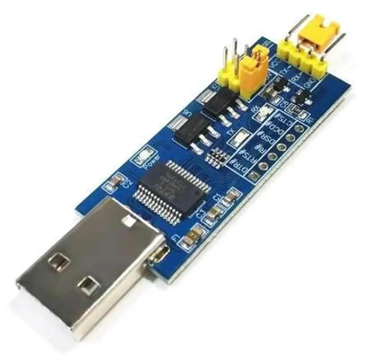 Small green circuit board with USB connector and pin headers