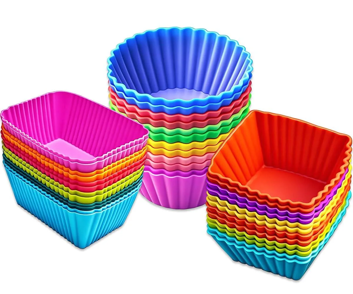 36 colourful silicone cupcake liners in square round and rectangle shapes