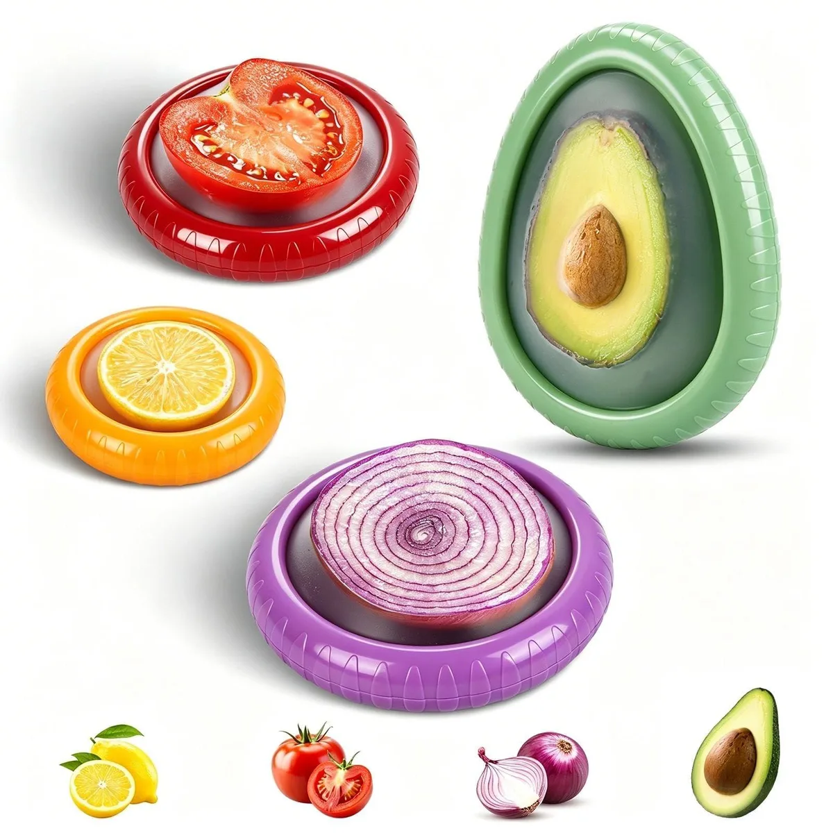 Four purple silicone food pods shaped for avocado onion lemon tomato storage