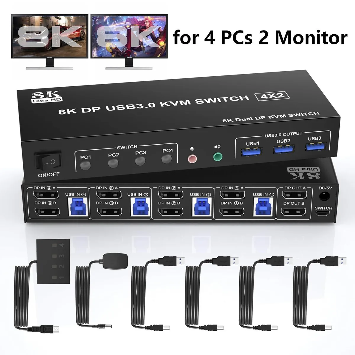 WRIARICH WRIARICH 4-Port 8K DP 1.4 KVM Switch 2 Monitors 3 USB 3.0 Audio — product photo