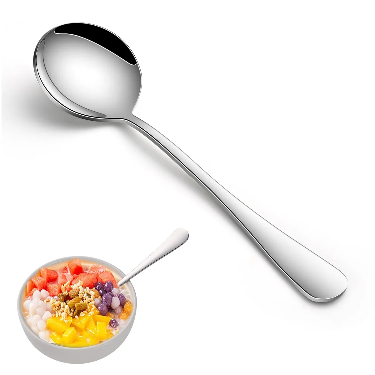 Eight 7.4 inch mirror polished stainless steel round soup spoons