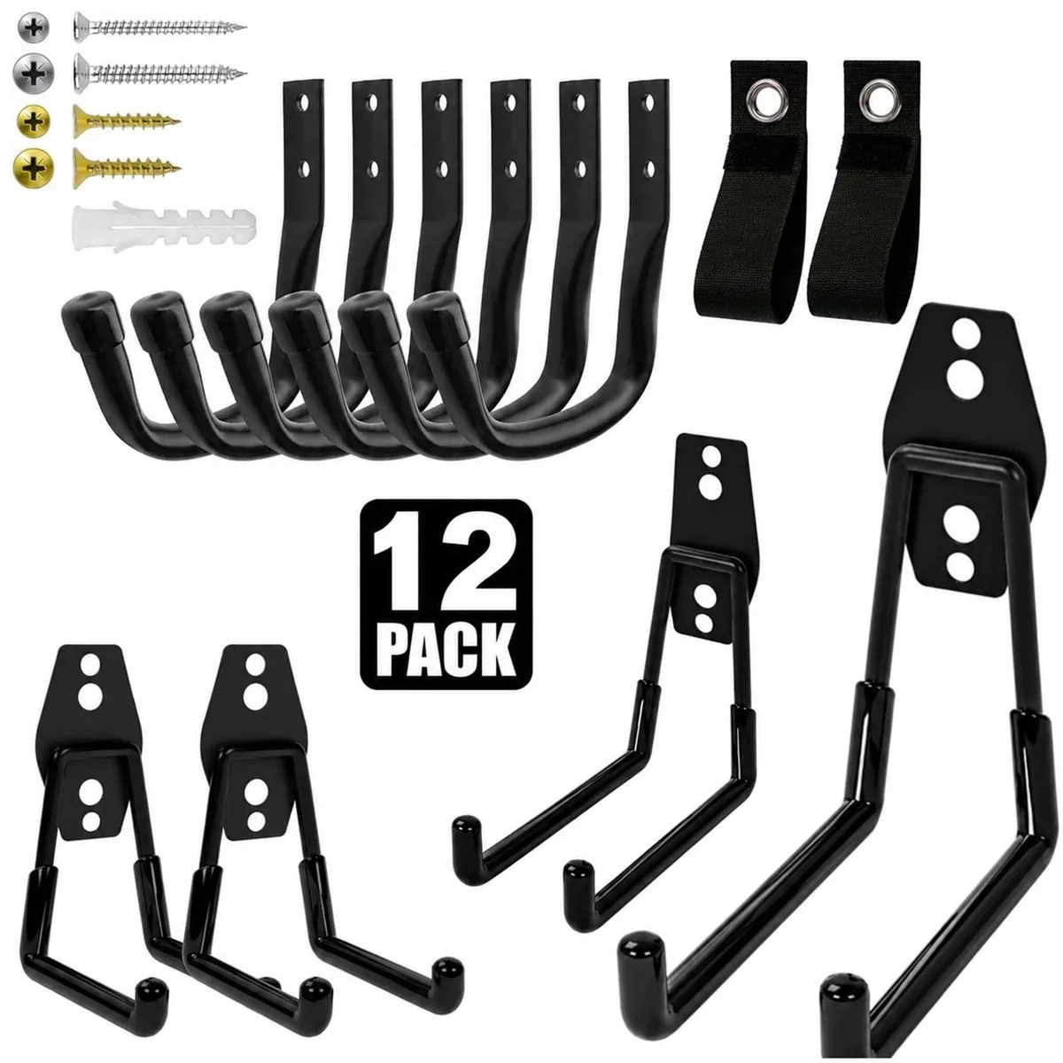 Black steel wall hooks, 12 pieces with PVC coating and mounting hardware