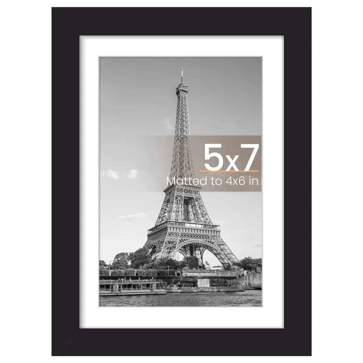 Black rectangular photo frame with glass front and white mat, shown standing upright