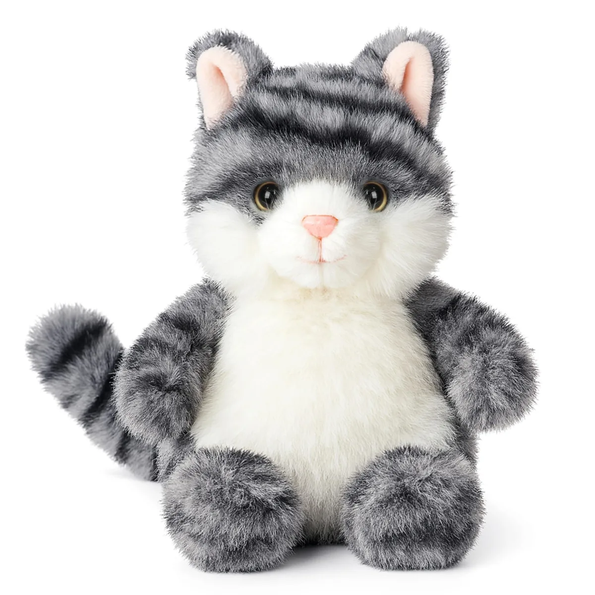 Small gray plush kitten sitting upright with soft fabric finish