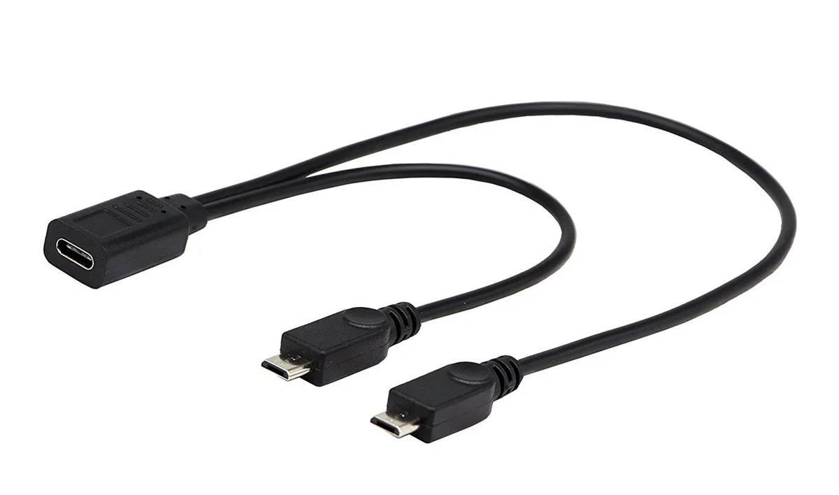 Black 30 cm USB-C female to dual Micro USB male cable