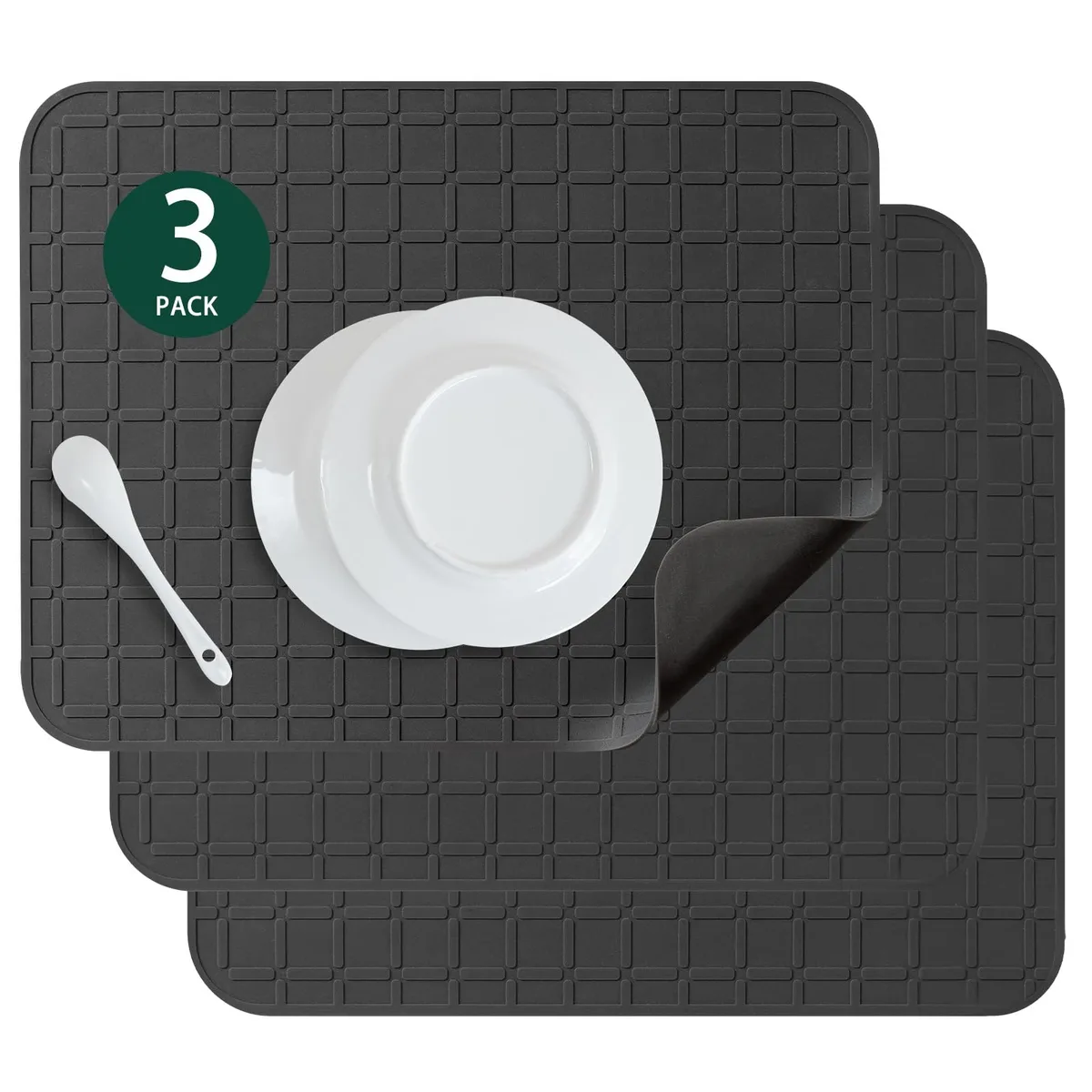 Black silicone drying mat 16 by 12 inches with raised ridges