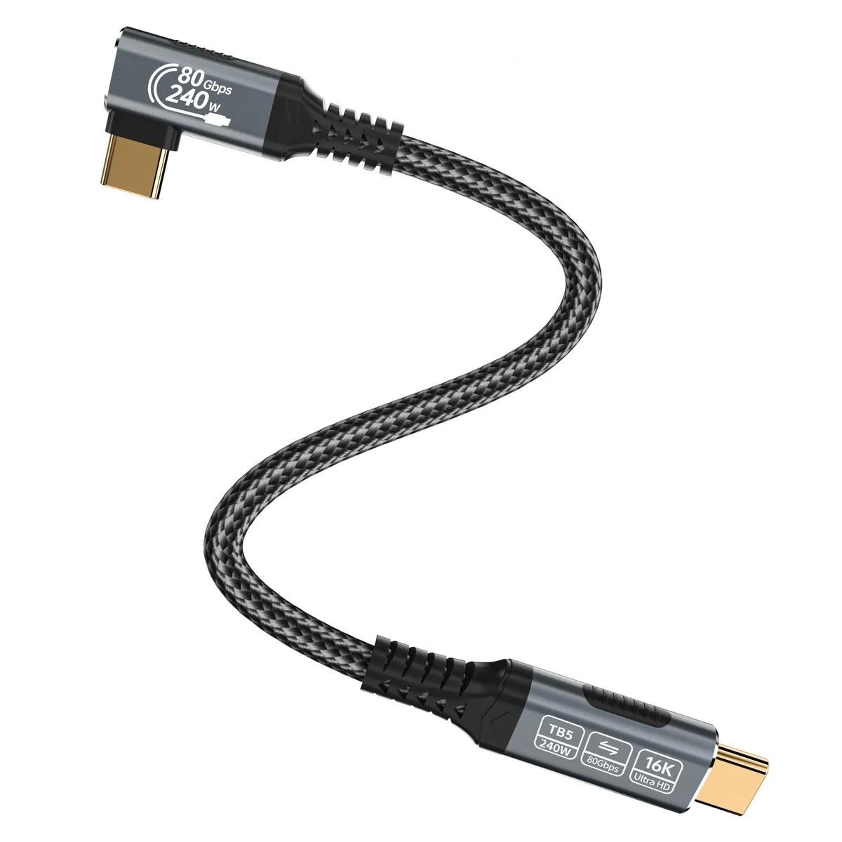 Short 1 ft braided USB-C cable with 90 degree right-angle connectors, male-to-male, 24 pins