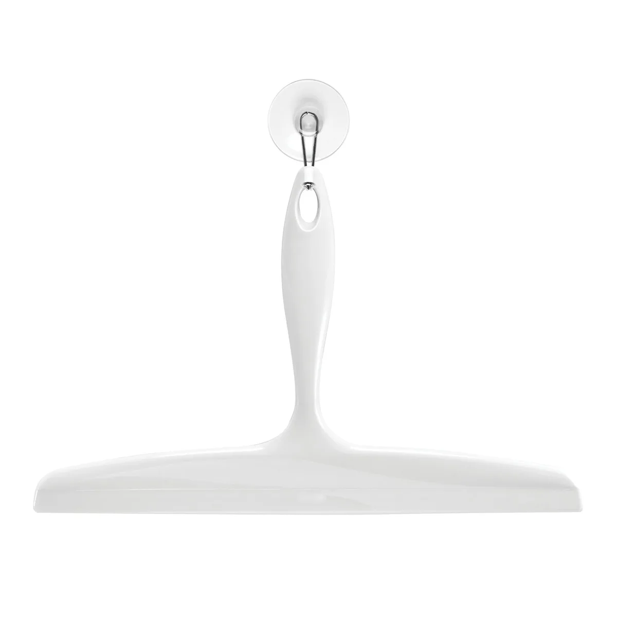 White plastic shower squeegee, 12 inch blade, 7.5 inch height, with suction cup wall hook