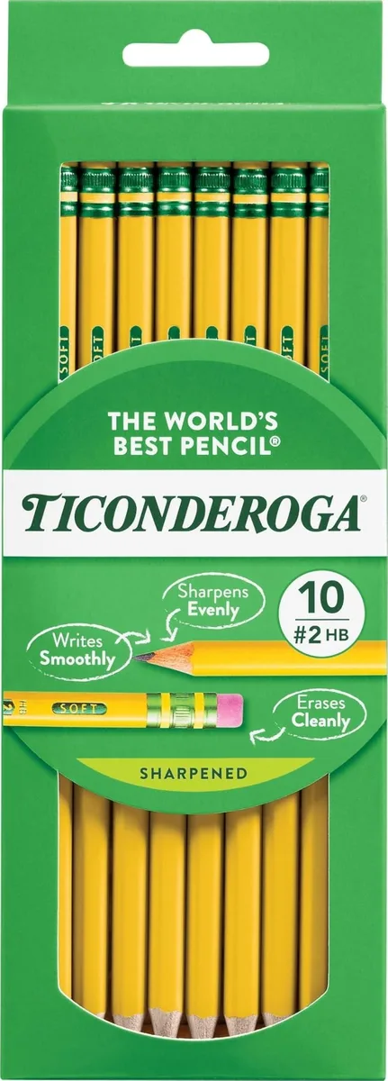 Ten yellow wood-cased pencils with green and gold ferrules, pre-sharpened