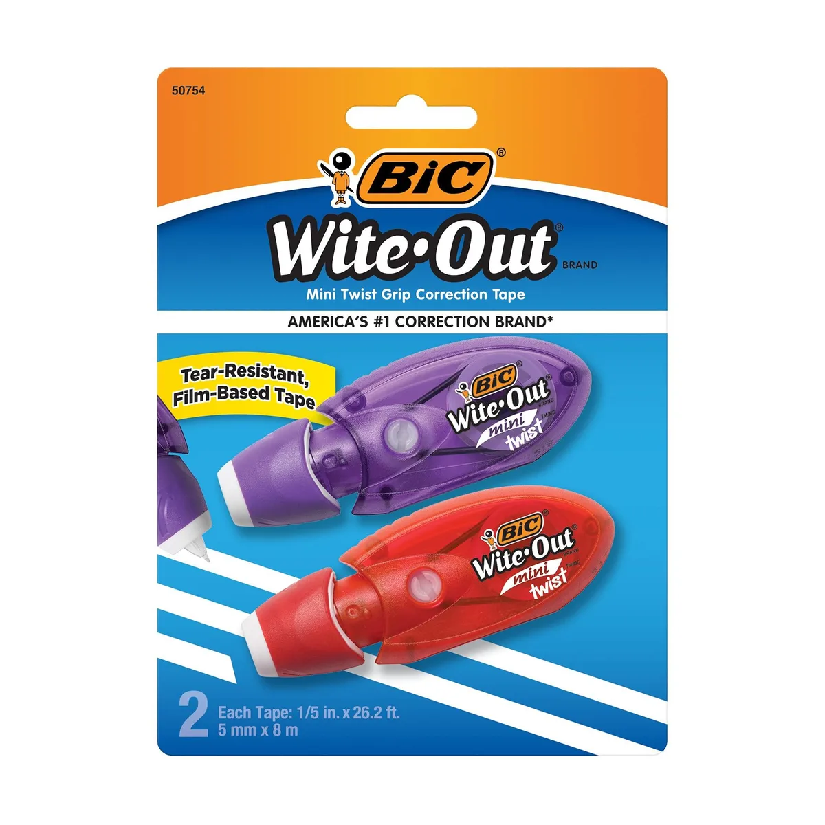 Two white mini correction tape dispensers with twist caps