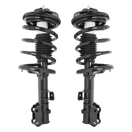 Two silver strut assemblies with coil springs and top mounts side by side