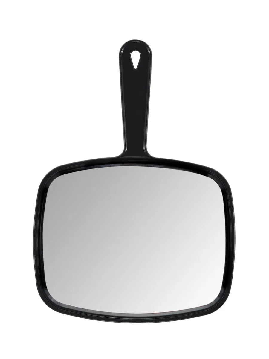 Rectangular black hand mirror with polished frame and handle hole