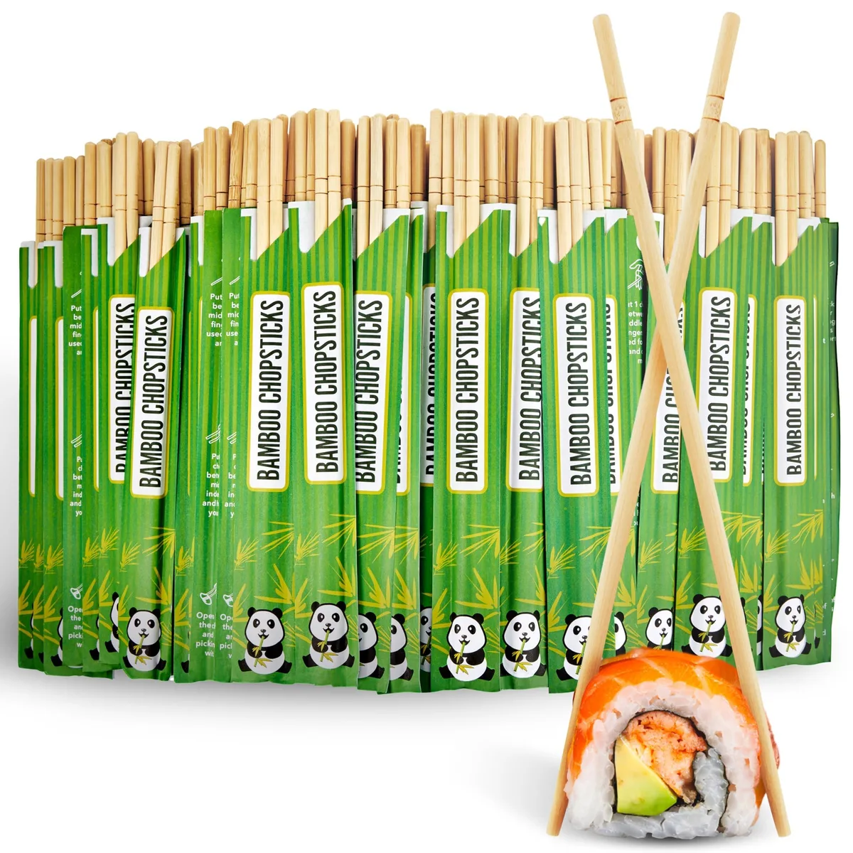 Bundle of 50 green-sleeved bamboo chopsticks, 9 inches long