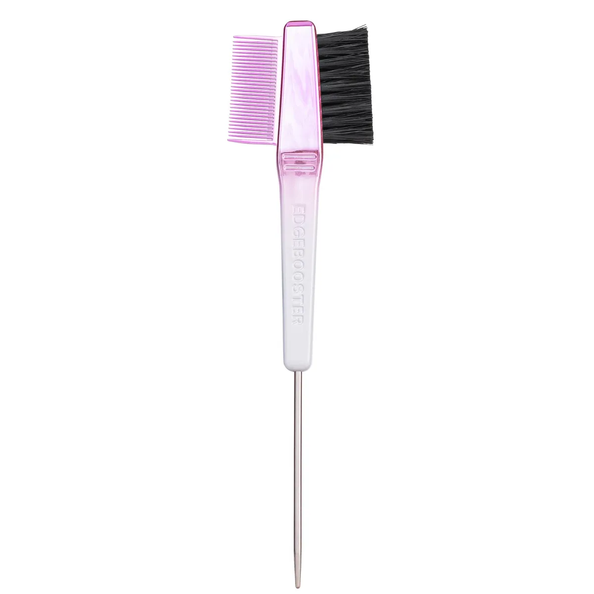 Pink and white dual-ended hair brush with fine comb and boar bristles in compact case